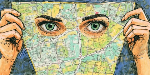 Fototapeta premium A person holds a map with large eyes, symbolizing exploration and perception.