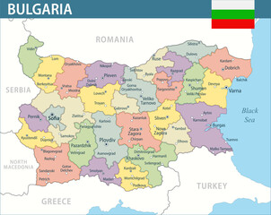Fototapeta premium Bulgaria Map Vector New 2024 Colorful - Customizable layered political map of Bulgaria with administrative divisions for website, education, reports, news, politics, print, poster and wallpaper
