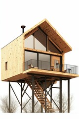 Elevated wooden house, large windows, stairs.