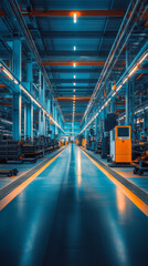 Factory Interior, Industrial Architecture, Blue Hues, Clean Production Line, Manufacturing Plant