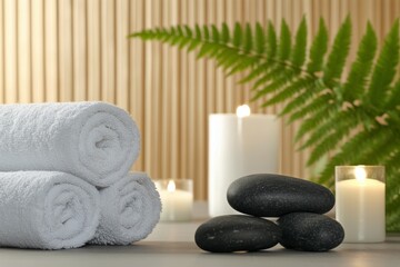 Relaxing spa setup with towels, stones, candles, and greenery for a calming atmosphere