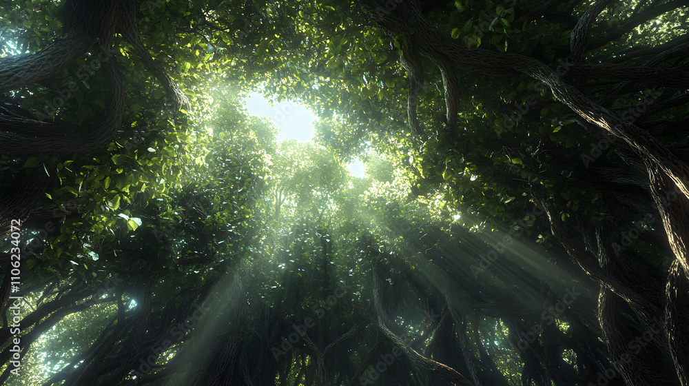 Poster rays of sunlight illuminate a dense forest with intertwined tree trunks and vines, creating a mystic