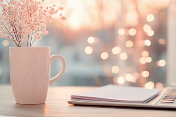 Cozy workspace with coffee cup and laptop beside a bright window