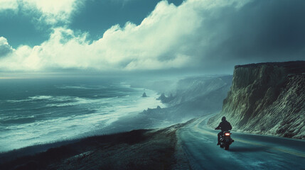 Coastal Highway Motorcycle Ride: Ocean View, Dramatic Cliffs, Moody Atmosphere