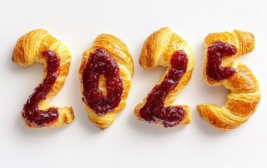 2025 Made of Croissants and Jam  Numbers formed with buttery croissants and dollops of fruity jam. French-inspired and luxurious, white background.