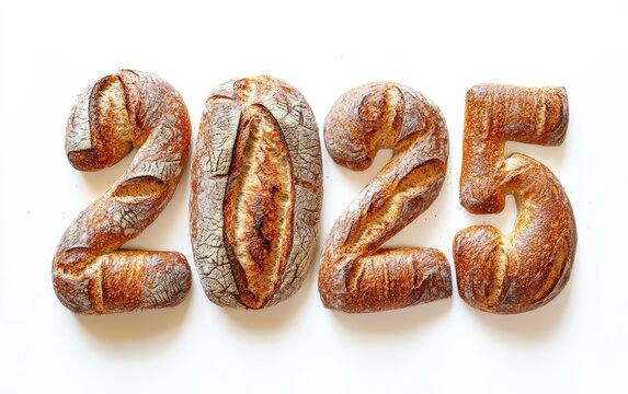 2025 Made of Crusty Bread Rolls  Numbers styled with artisan bread rolls in golden-brown tones. Rustic and comforting, white background.