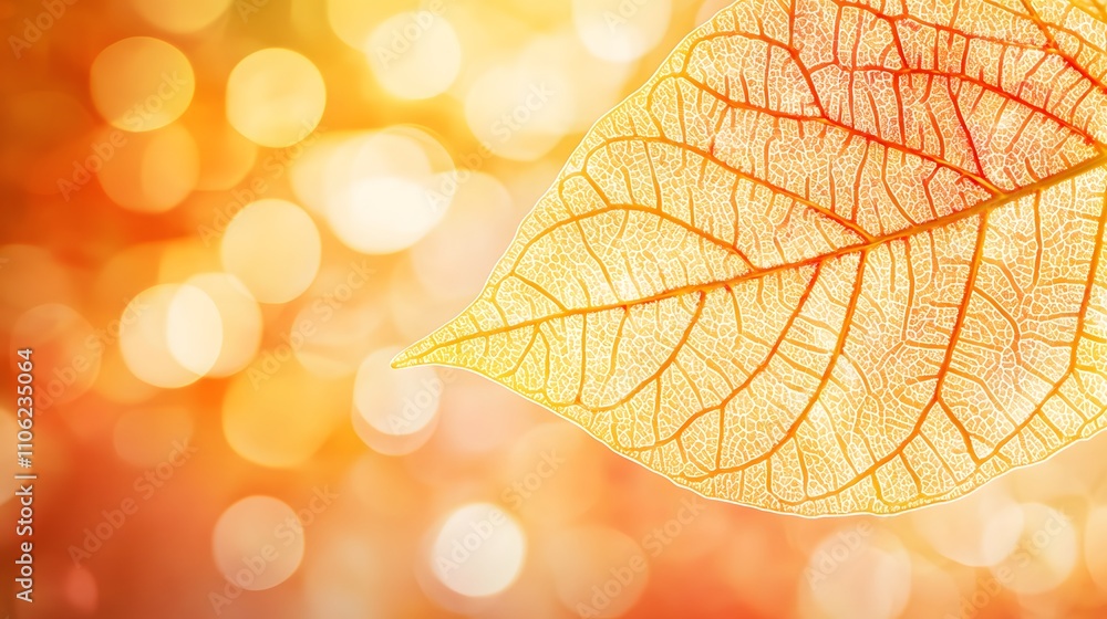 Poster close-up of a golden leaf with detailed veins, illuminated by warm sunlight and a soft orange bokeh 