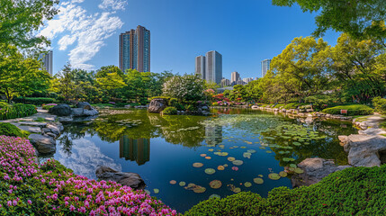 Urban Oasis: Serene Pond, Blooming Flowers, City Skyline