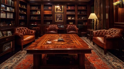 Elegant Library Interior with Rich Wood and Leather Furniture, Interior Design, Library Room