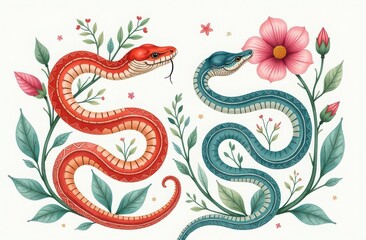 Obraz premium Colorful snakes and flowers, red blue snakes and pink flowers. Year of the snake bohemian ornament