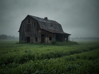 Obraz premium Haunting barn surrounded by misty, verdant fields.