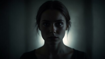 Haunting image of a woman blurred in shadowy tones.