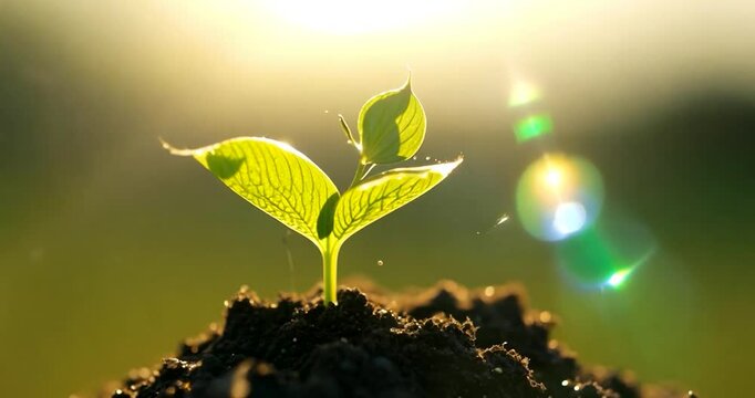 A small soil ball with a tiny green sprout, gently illuminated by morning sunlight with subtle dew drops visible on the sprout&rsquo;s leaves.