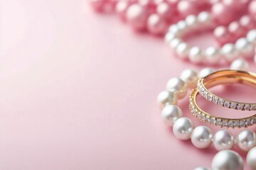 Obraz premium Elegant display of various pearl necklaces arranged on a soft pink background