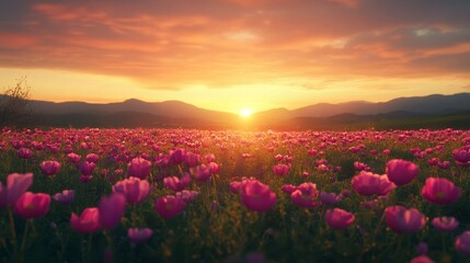 Golden Hour Blooms Pink Flowers in a Field at Sunset, Landscape, Nature ,sunset, flowers