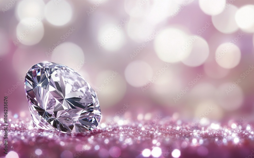 Poster sparkling diamond resting on a reflective surface with a colorful bokeh background