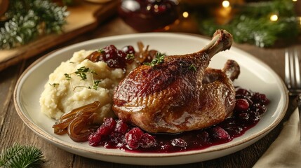 A beautifully arranged dish features a perfectly roasted pork chop topped with rich cranberry sauce, served alongside smooth mashed potatoes, garnished with fresh herbs.