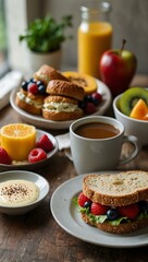 Healthy breakfast with sandwiches, fruit, and coffee.