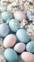 Obraz premium Colorful decorated eggs surrounded by blooming flowers for Easter celebration