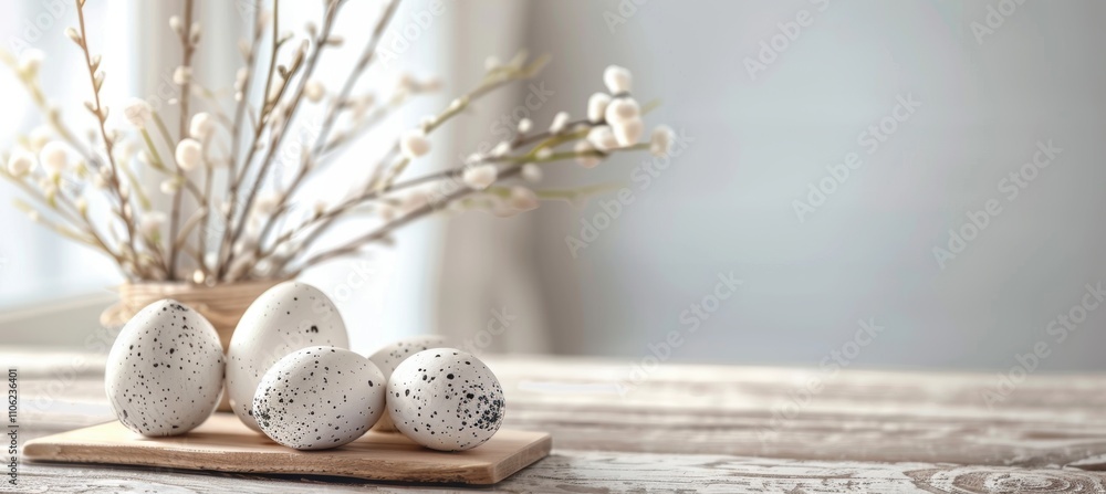 Poster minimalist easter banner design with monochrome eggs and neutral background for print and digital us