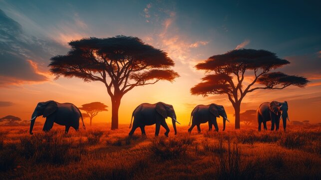 Elephants silhouetted at sunset in African savanna.