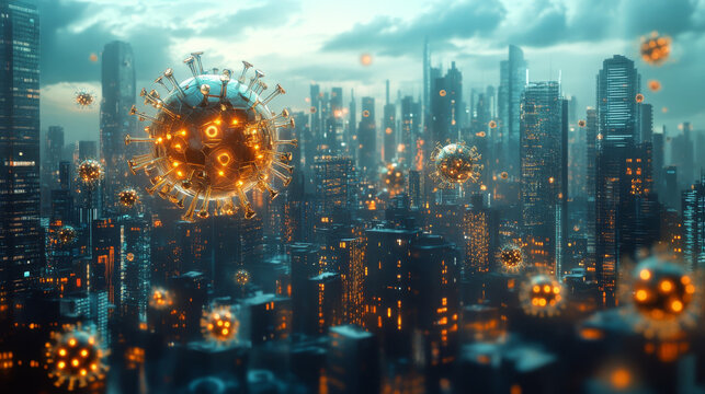 Cyberpunk City Virus Swarm: 3D Rendering - Powered by Adobe