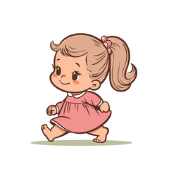 Walking toddler girl in pink dress isolated vector illustration