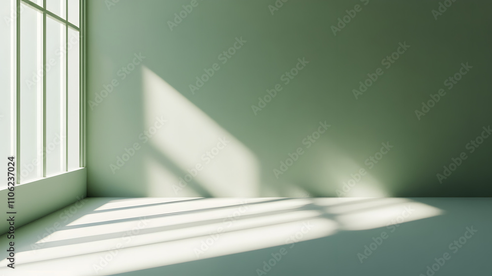Poster calm green-walled room with sunlight creating soft, geometric shadows through a classic grid-pattern