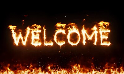 Fiery welcome text animation with flickering flames and burning letters