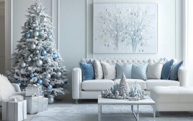 All-White Luxury An all-white luxury living room with a frosted Christmas tree decorated with silver and blue baubles, creating a winter wonderland atmosphere