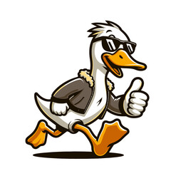 Cool running duck in jacket and sunglasses illustration, isolated vector illustration, humorous animal artwork, stylish design concept