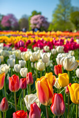 Enchanting Expanse of Vibrant Tulip Fields Under a Clear Blue Sky