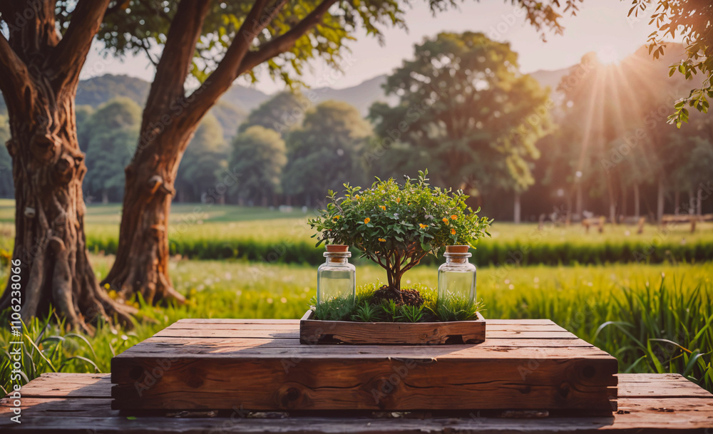 Poster small tree is in a vase on a wooden table. the table is outdoors and surrounded by trees
