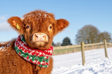 Highland cow in festive scarf stands in snowy field on bright winter day