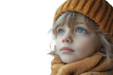 Young child with captivating blue eyes gazes thoughtfully while wearing a cozy orange knit hat and scarf against a bright background