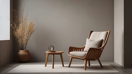 A rustic wooden armchair in modern living room