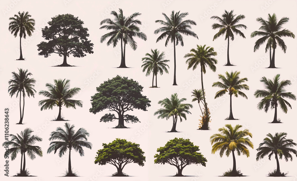 Poster collection of palm trees in various sizes and shapes. some are tall and skinny, while others are sho