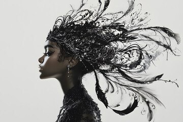 Fototapeta premium Profile of a woman wearing an intricate black crown with feathers and jewels, showcasing a bold and dramatic style..