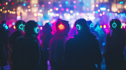 Silent Disco Party: Colorful Headphones, Festive Lights, Nightlife