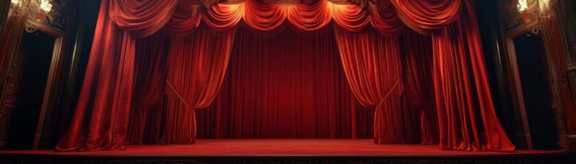 Fototapeta premium Red Velvet Stage Curtains, Dramatic Theater Backdrop, Performance, Show, Theatrical , Curtains , Stage