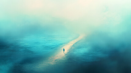 Obraz premium A solitary figure stands in a misty, vast landscape, blending pastel hues with quiet serenity, evoking reflection and calmness..