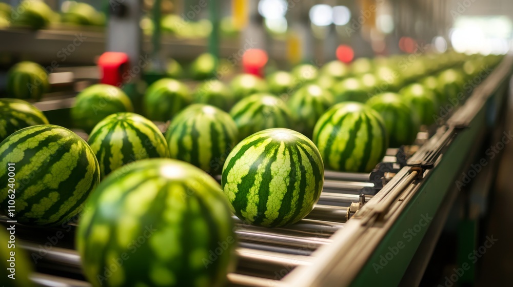 Poster watermelons are being sorted and transported on a conveyor belt inside a juice production facility.