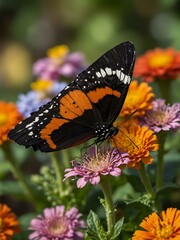 Naklejka premium Heliconius hecale butterfly among vibrant flowers.