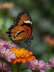 Heliconius hecale butterfly among vibrant flowers.