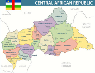 Obraz premium Central African Republic Map Vector New 2024 Colorful - Customizable layered political map of Central African Republic with administrative divisions for website, education, reports, news, politics