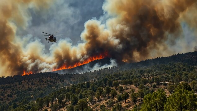 Helicopters putting out a forest fire in Sierra Bermeja, Spain.