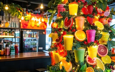 Juice Bar Tree A fresh-themed Christmas tree with fruit slice ornaments, smoothie cup garlands, and tropical leaves, glowing brightly in a modern juice bar