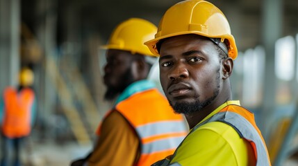 Fototapeta premium Two African American construction workers in hard hats and safety vests standing in a warehouse or industrial setting.