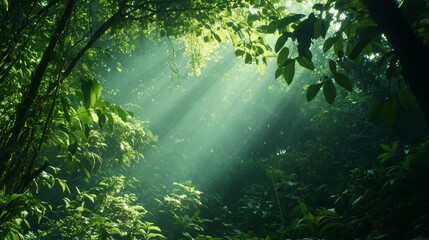 Obraz premium Sunlight Dappled Through Lush Foliage, Rainforest Canopy, Nature Photography, Green, Tropical, Sunbeams, Forest