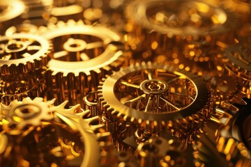 Golden gears working together in a complex mechanism